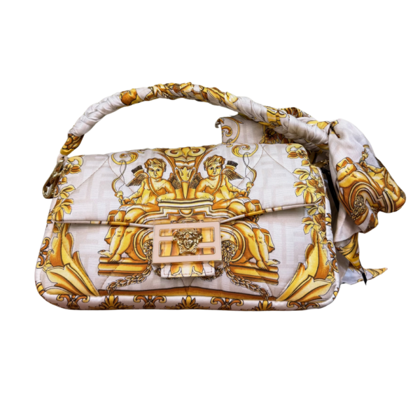 Fendi x Versace Fendace Baroque Quilted Scarf Baguette Bag White and Gold